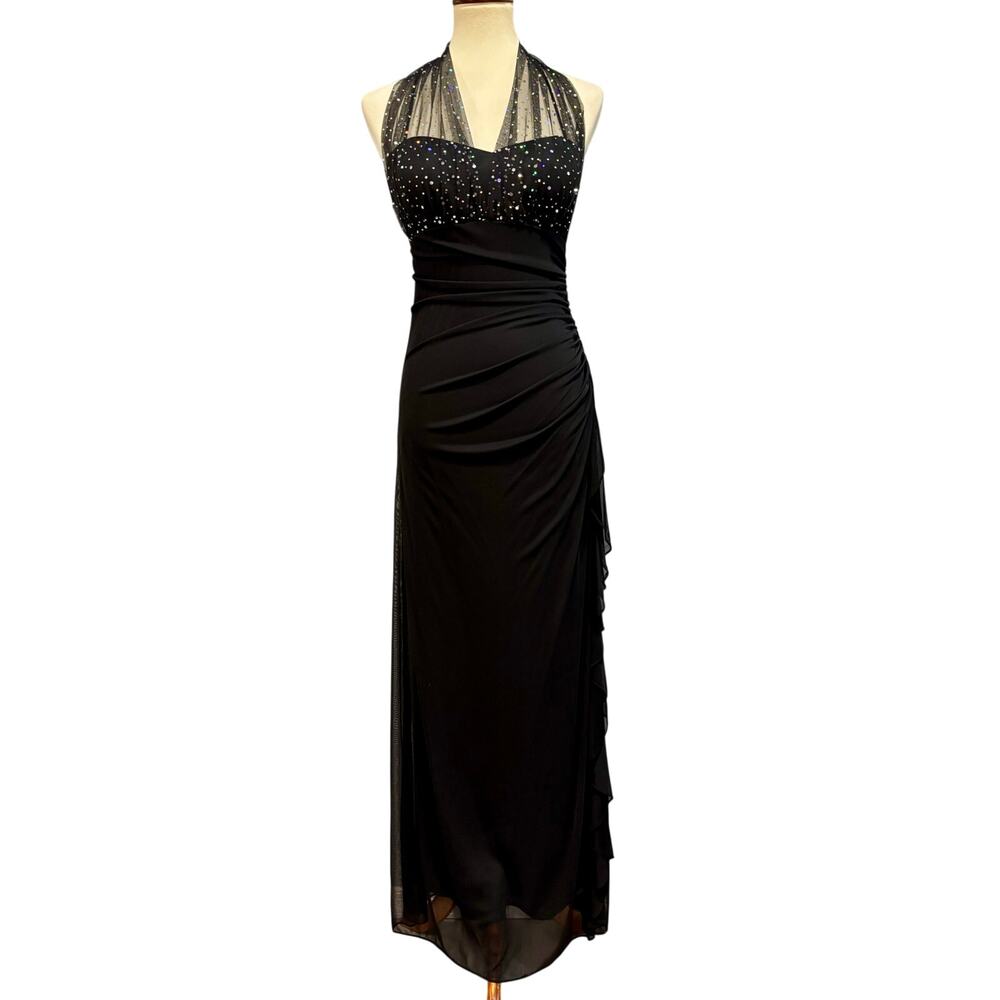 Vintage Y2K Blondie Nites Halter Gown Black Rhinestone Maxi Dress Size Small